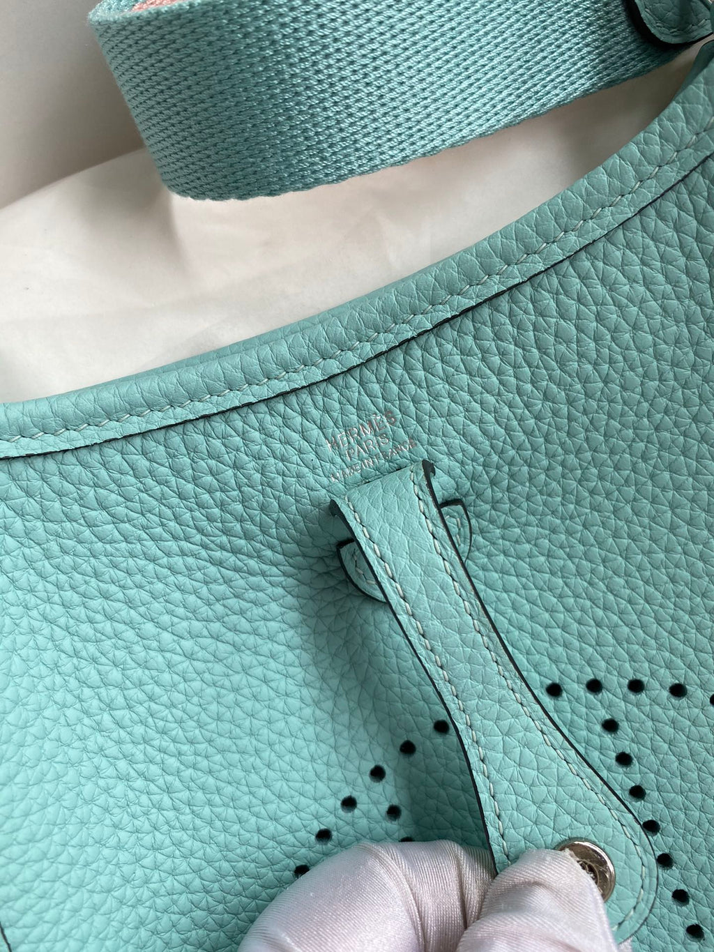 HM 25S EVELYNE 17 CM IN PASTEL BLUE COWHIDE AND CANVAS WITH SILVER HARDWARE