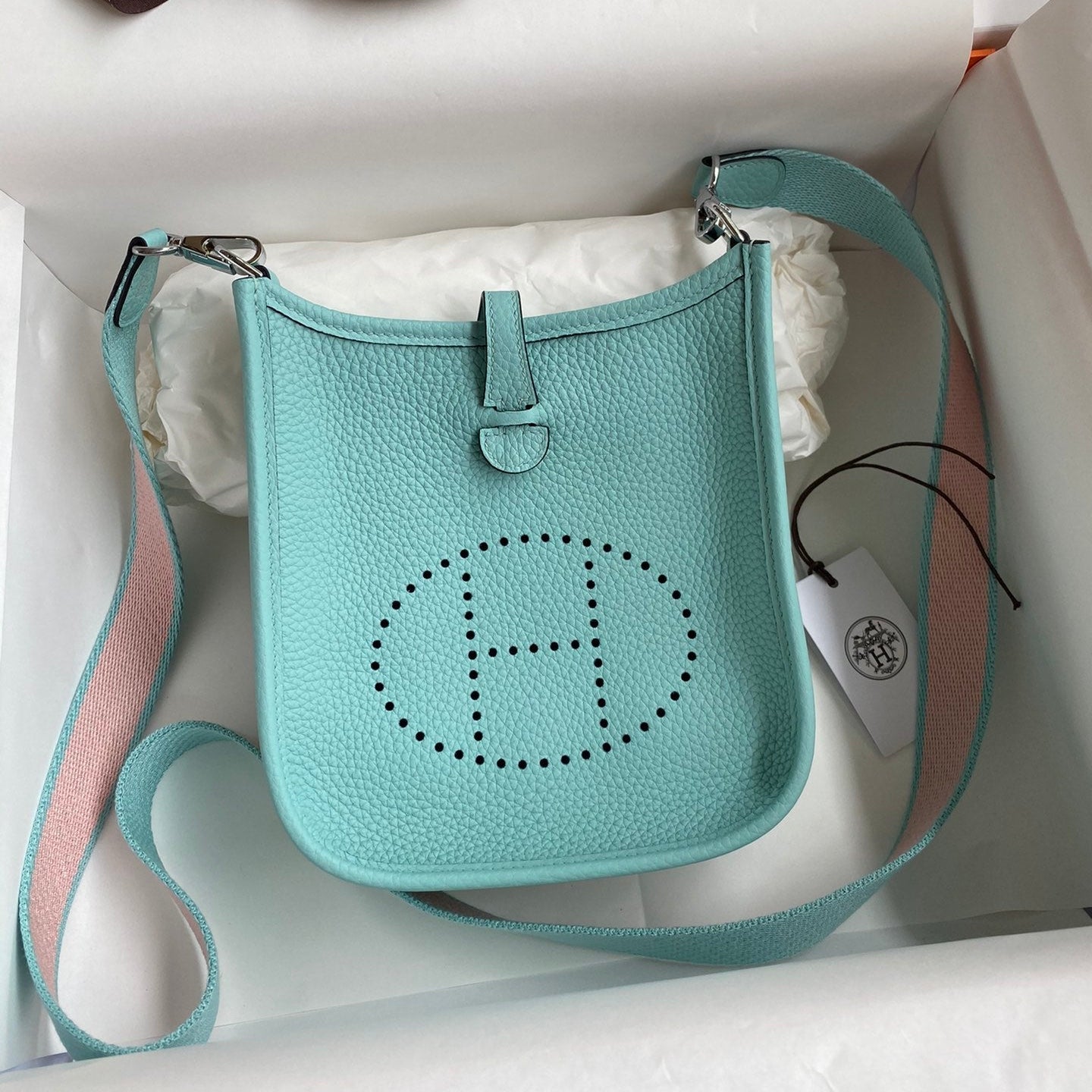 HM 25S EVELYNE 17 CM IN PASTEL BLUE COWHIDE AND CANVAS WITH SILVER HARDWARE