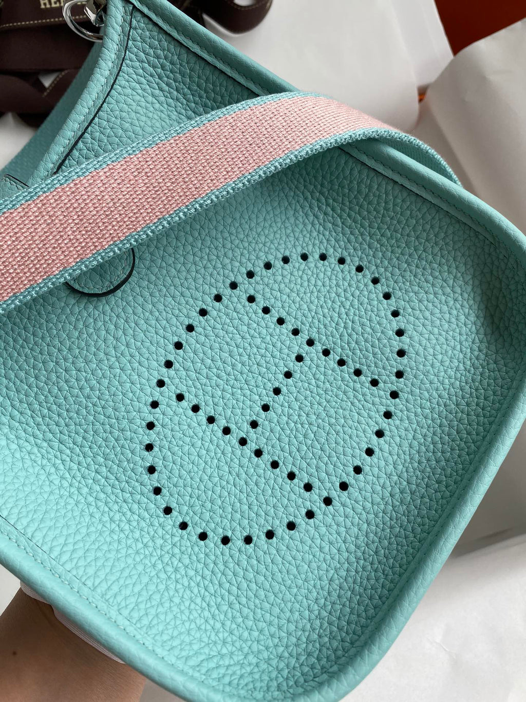 HM 25S EVELYNE 17 CM IN PASTEL BLUE COWHIDE AND CANVAS WITH SILVER HARDWARE