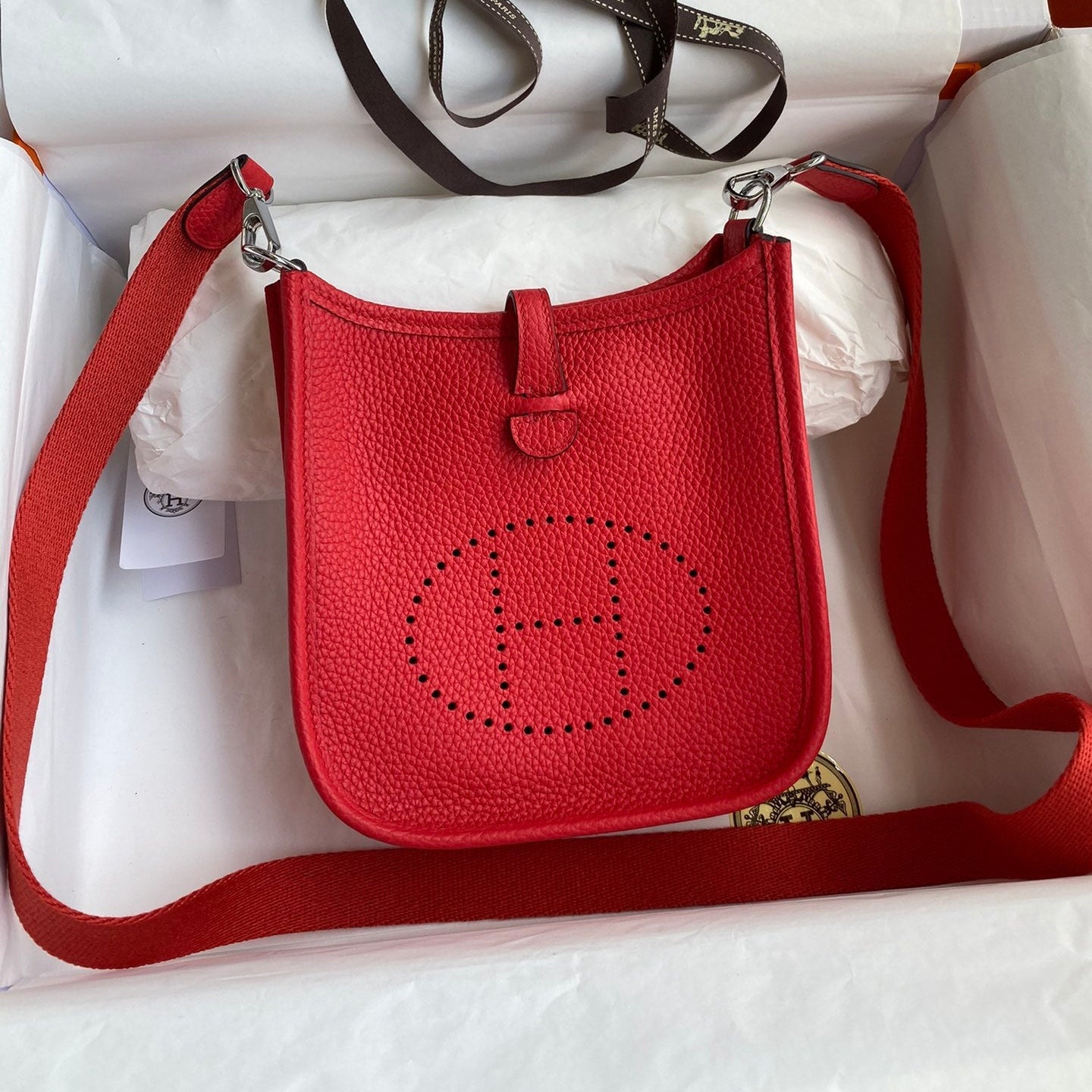 HM 25S EVELYNE 17 CM IN RED COWHIDE AND CANVAS WITH SILVER HARDWARE