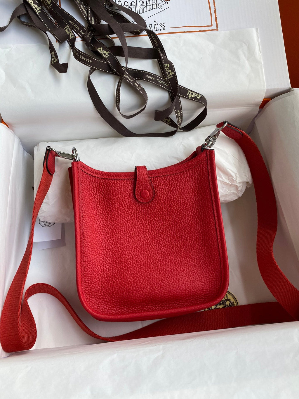 HM 25S EVELYNE 17 CM IN RED COWHIDE AND CANVAS WITH SILVER HARDWARE