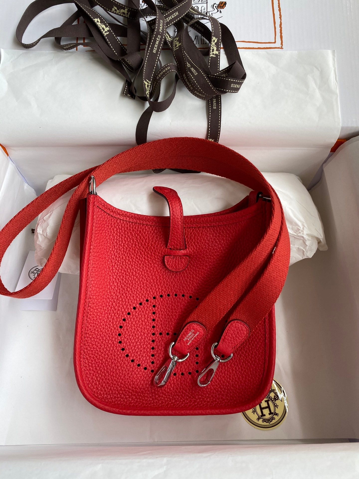 HM 25S EVELYNE 17 CM IN RED COWHIDE AND CANVAS WITH SILVER HARDWARE