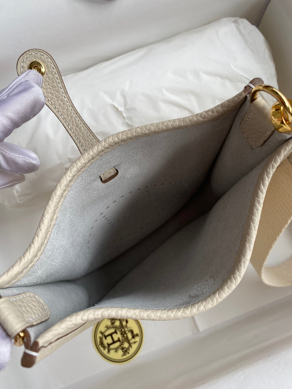 HM 25S EVELYNE 17 CM IN LIGHT BEIGE COWHIDE AND CANVAS WITH GOLD HARDWARE