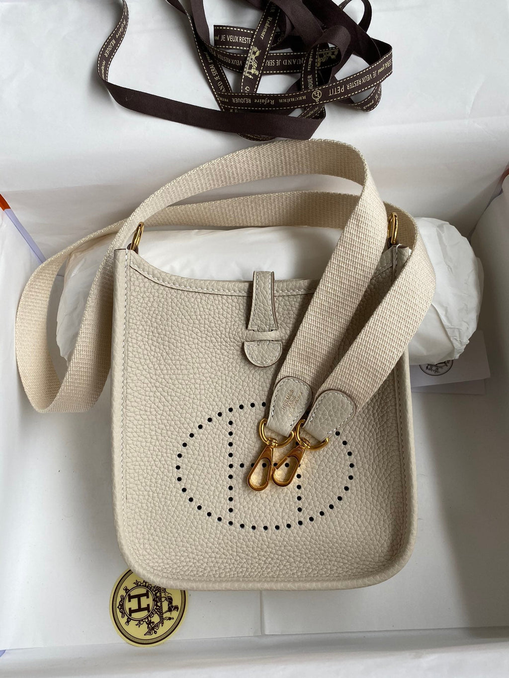 HM 25S EVELYNE 17 CM IN LIGHT BEIGE COWHIDE AND CANVAS WITH GOLD HARDWARE