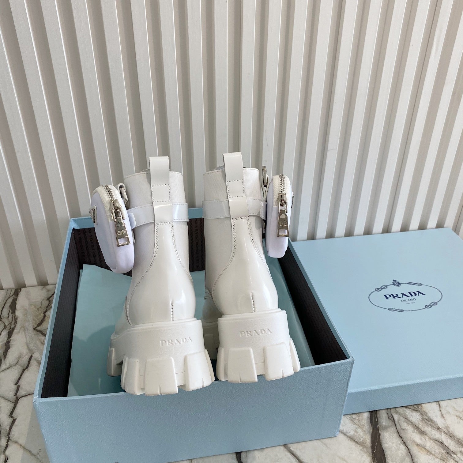 PRADA 26S HIGH TOP MONOLITH SHOES IN WHITE CALFSKIN AND FABRIC WITH POUCH