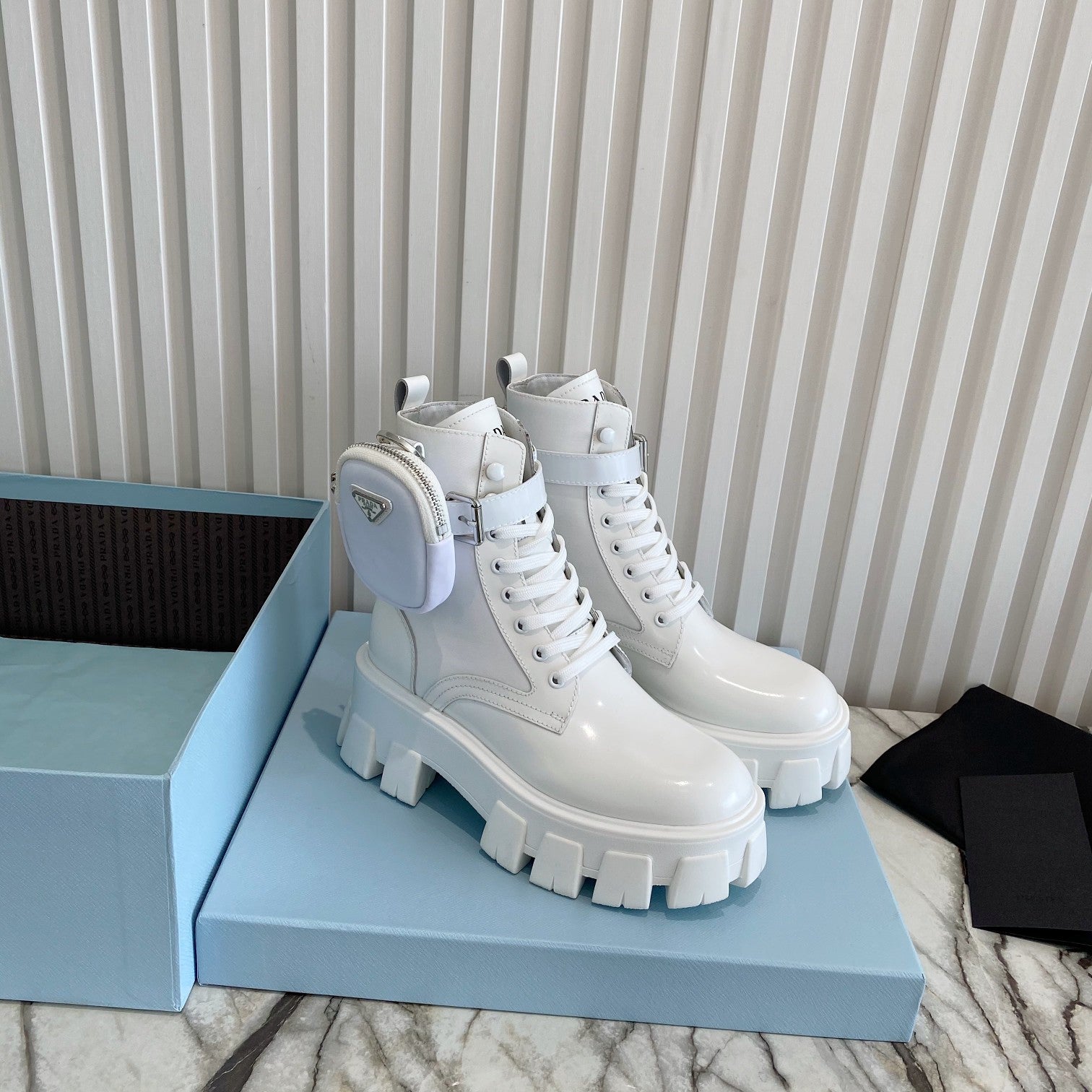 PRADA 26S HIGH TOP MONOLITH SHOES IN WHITE CALFSKIN AND FABRIC WITH POUCH