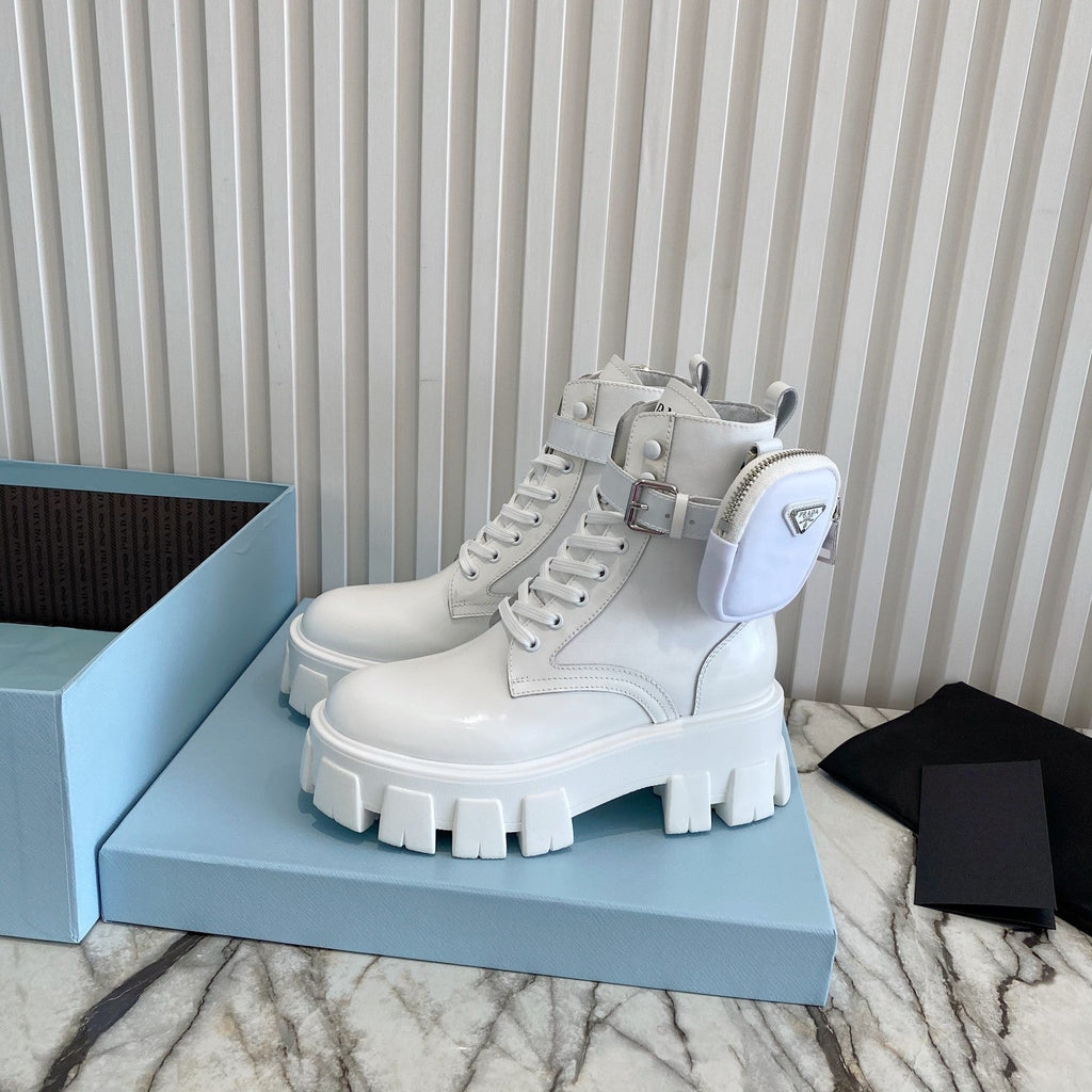 PRADA 26S HIGH TOP MONOLITH SHOES IN WHITE CALFSKIN AND FABRIC WITH POUCH