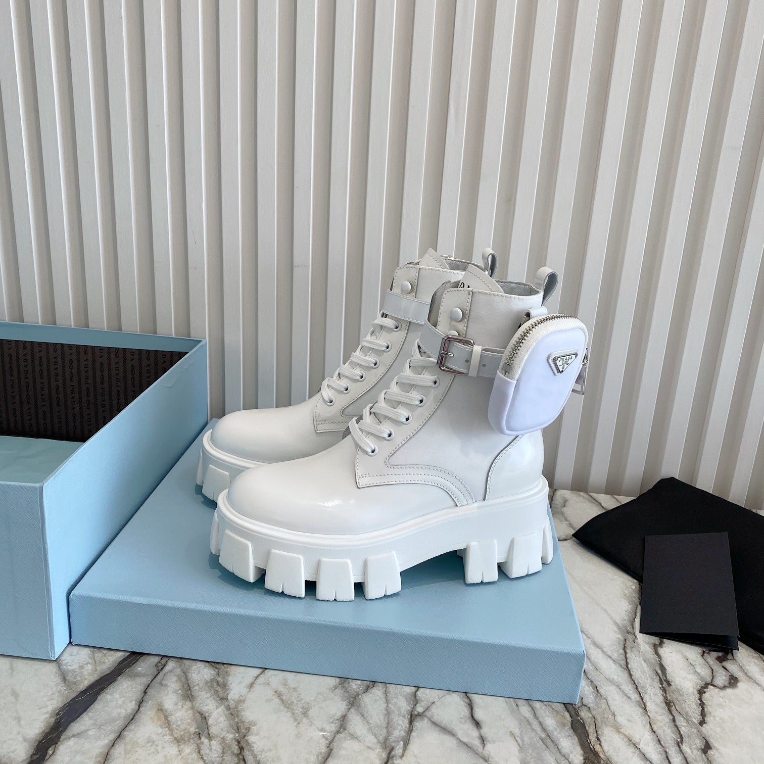 PRADA 26S HIGH TOP MONOLITH SHOES IN WHITE CALFSKIN AND FABRIC WITH POUCH