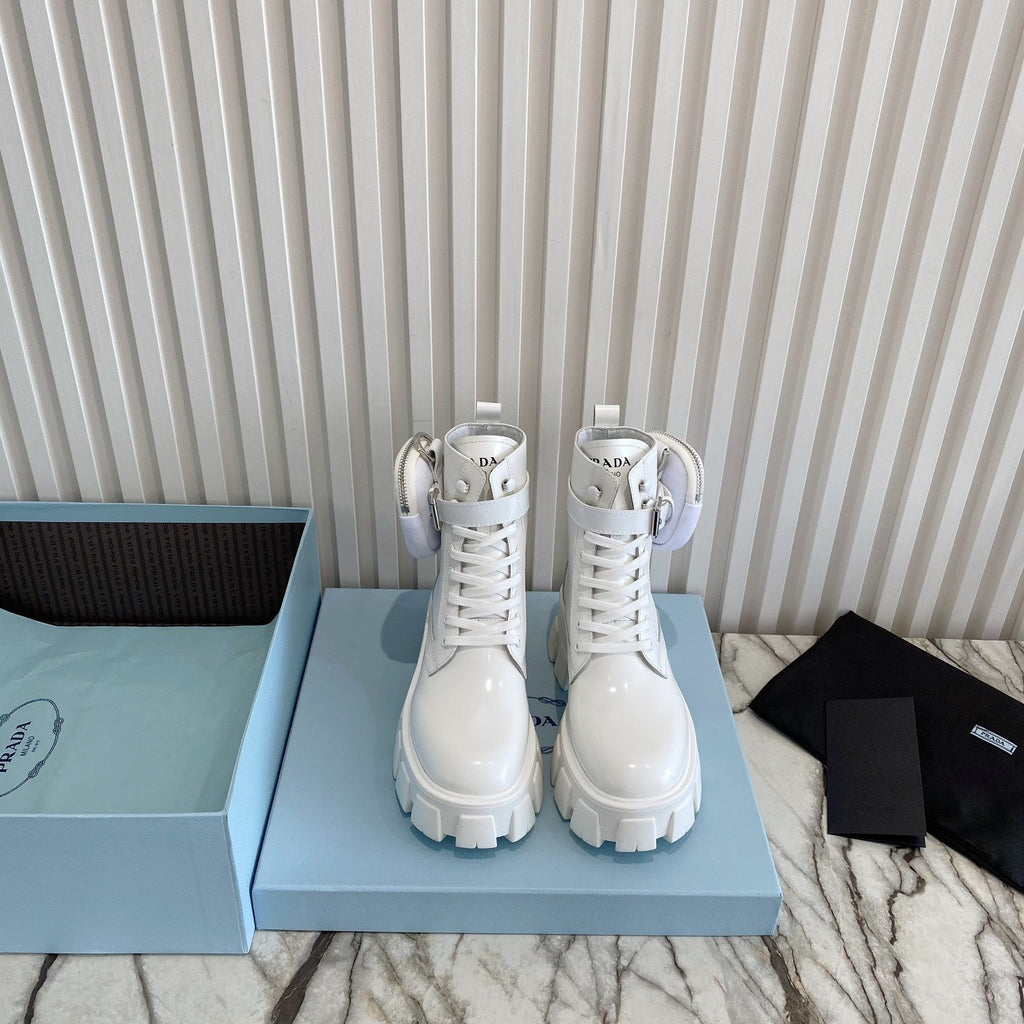 PRADA 26S HIGH TOP MONOLITH SHOES IN WHITE CALFSKIN AND FABRIC WITH POUCH