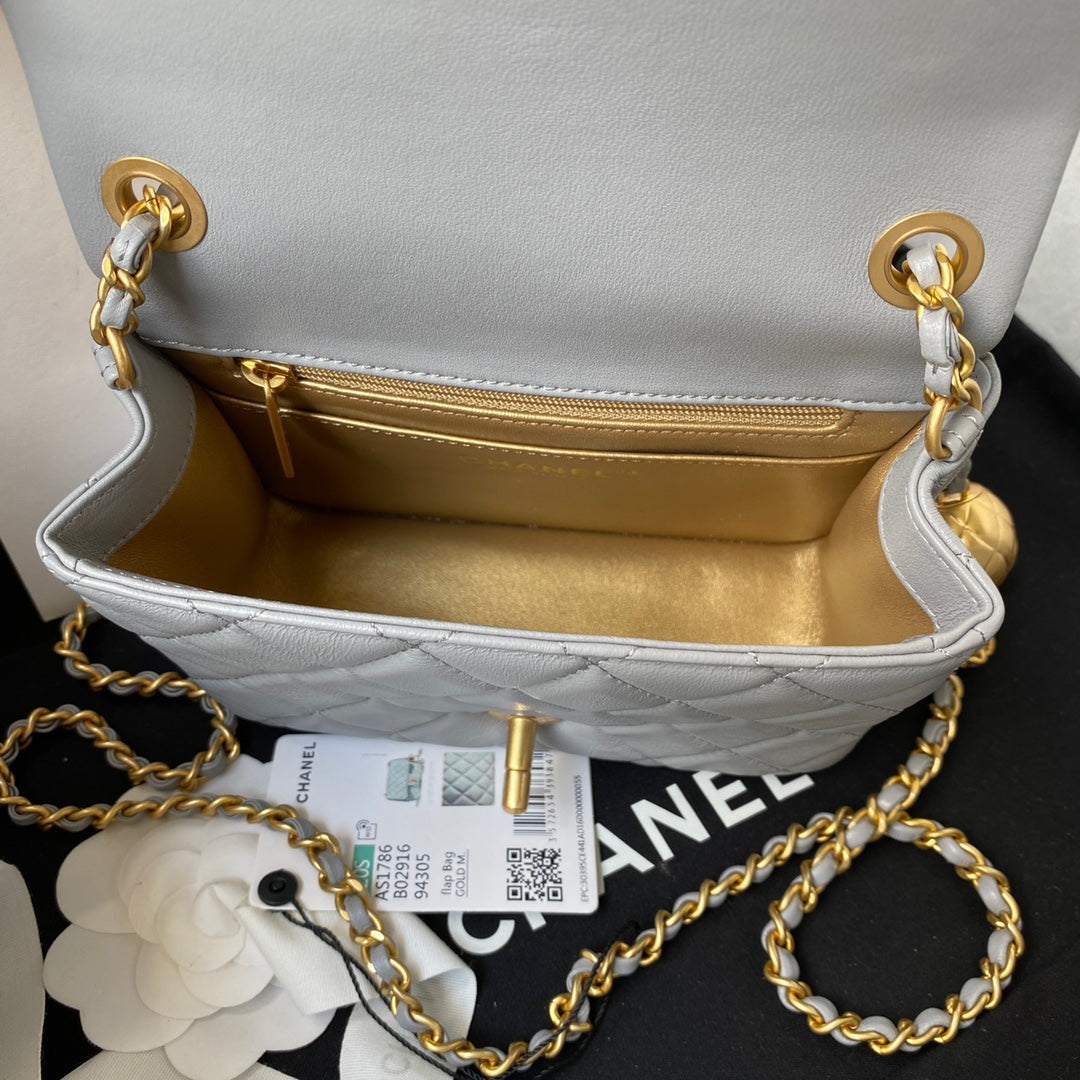 CHANEL 25S SMALL FLAP BAG 17 IN LIGHT BLUE GRAY LAMBSKIN GOLD HARDWARE