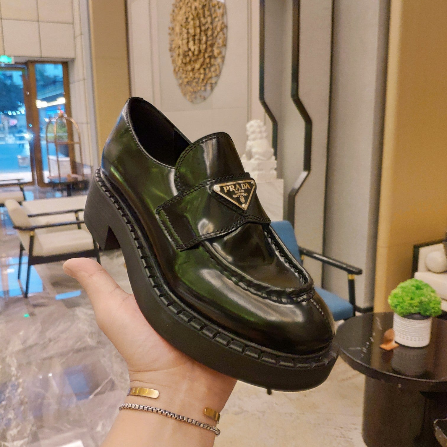 PRADA 26S PENNY LOAFERS 55MM IN DARK GREEN PATENT CALFSKIN