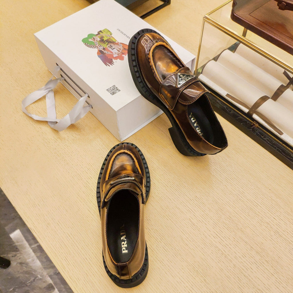 PRADA 26S PENNY LOAFERS 55MM IN BROWN PATENT CALFSKIN