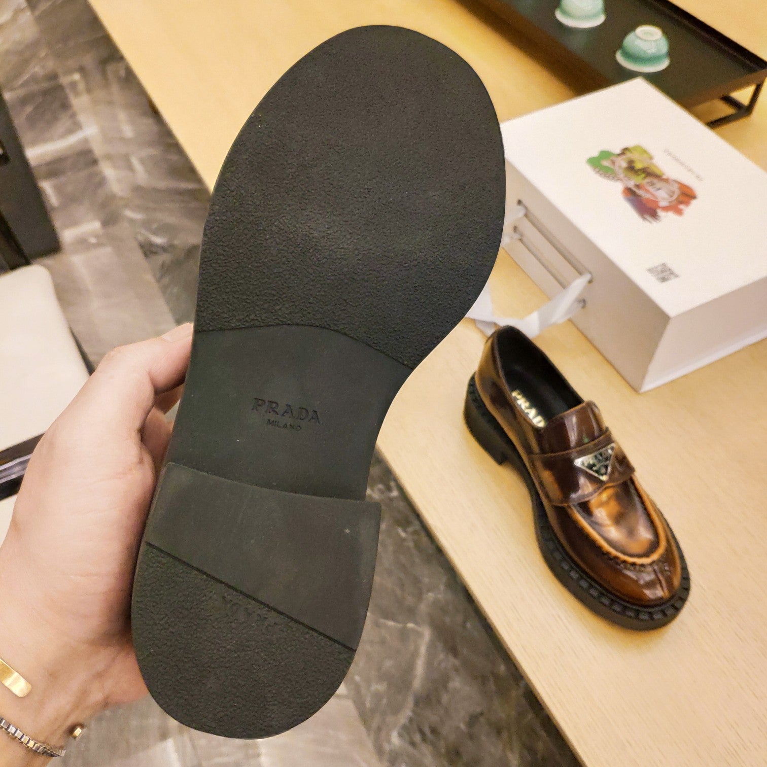 PRADA 26S PENNY LOAFERS 55MM IN BROWN PATENT CALFSKIN