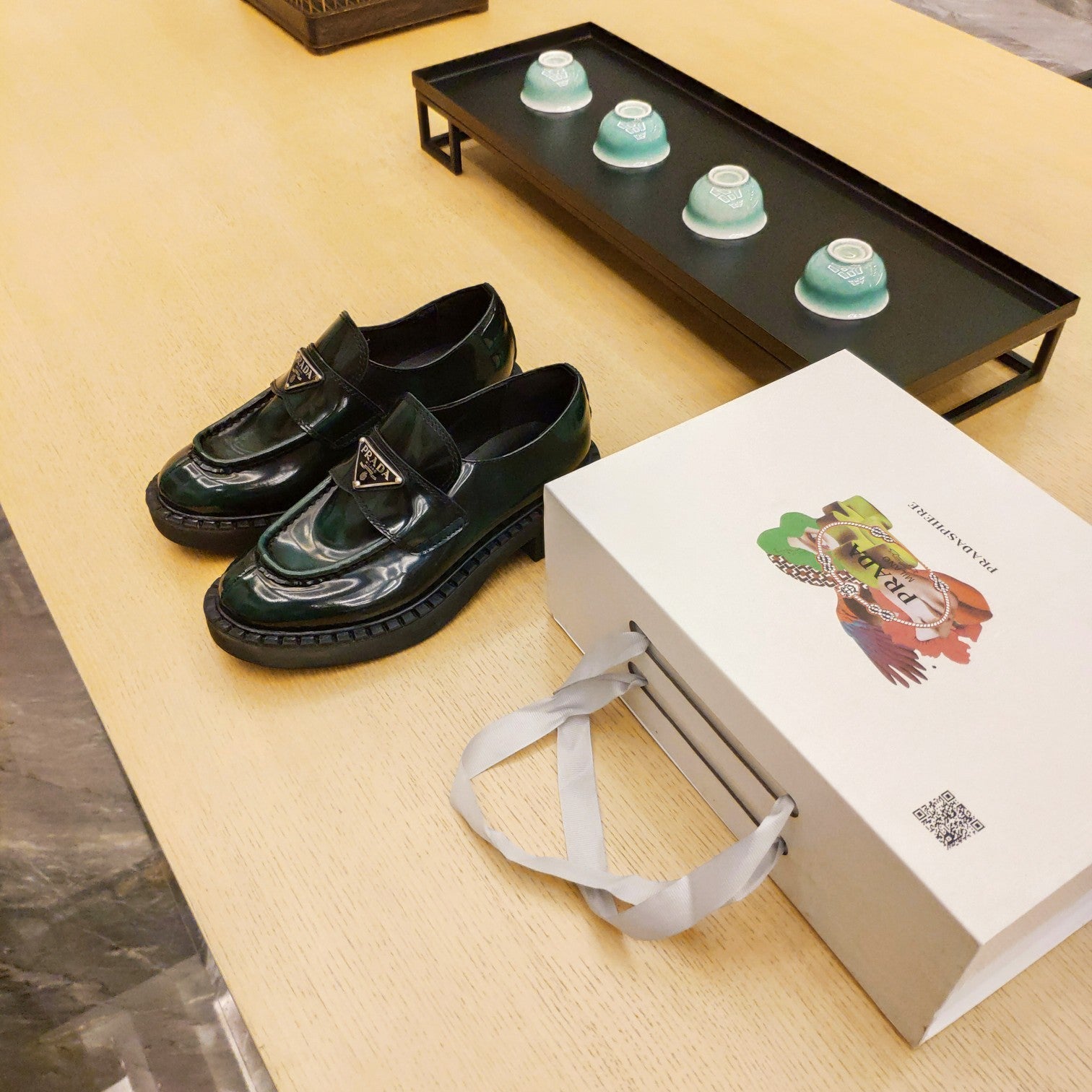 PRADA 26S PENNY LOAFERS 55MM IN GREEN PATENT CALFSKIN