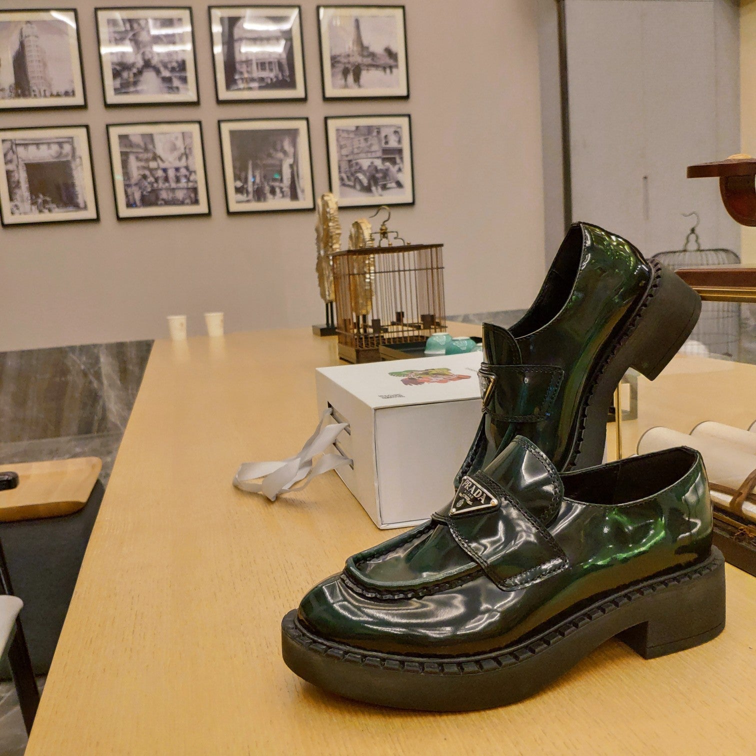 PRADA 26S PENNY LOAFERS 55MM IN GREEN PATENT CALFSKIN