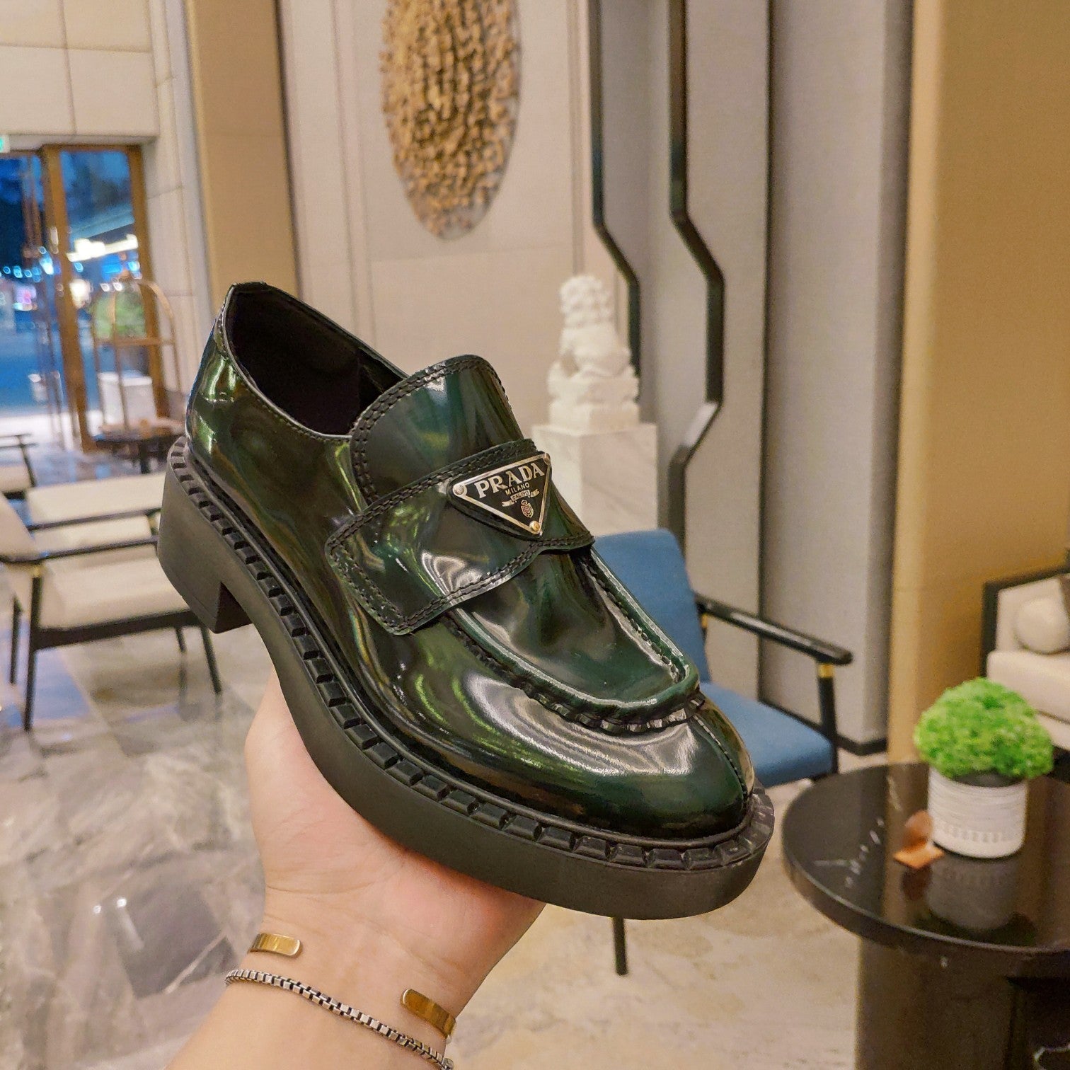 PRADA 26S PENNY LOAFERS 55MM IN GREEN PATENT CALFSKIN