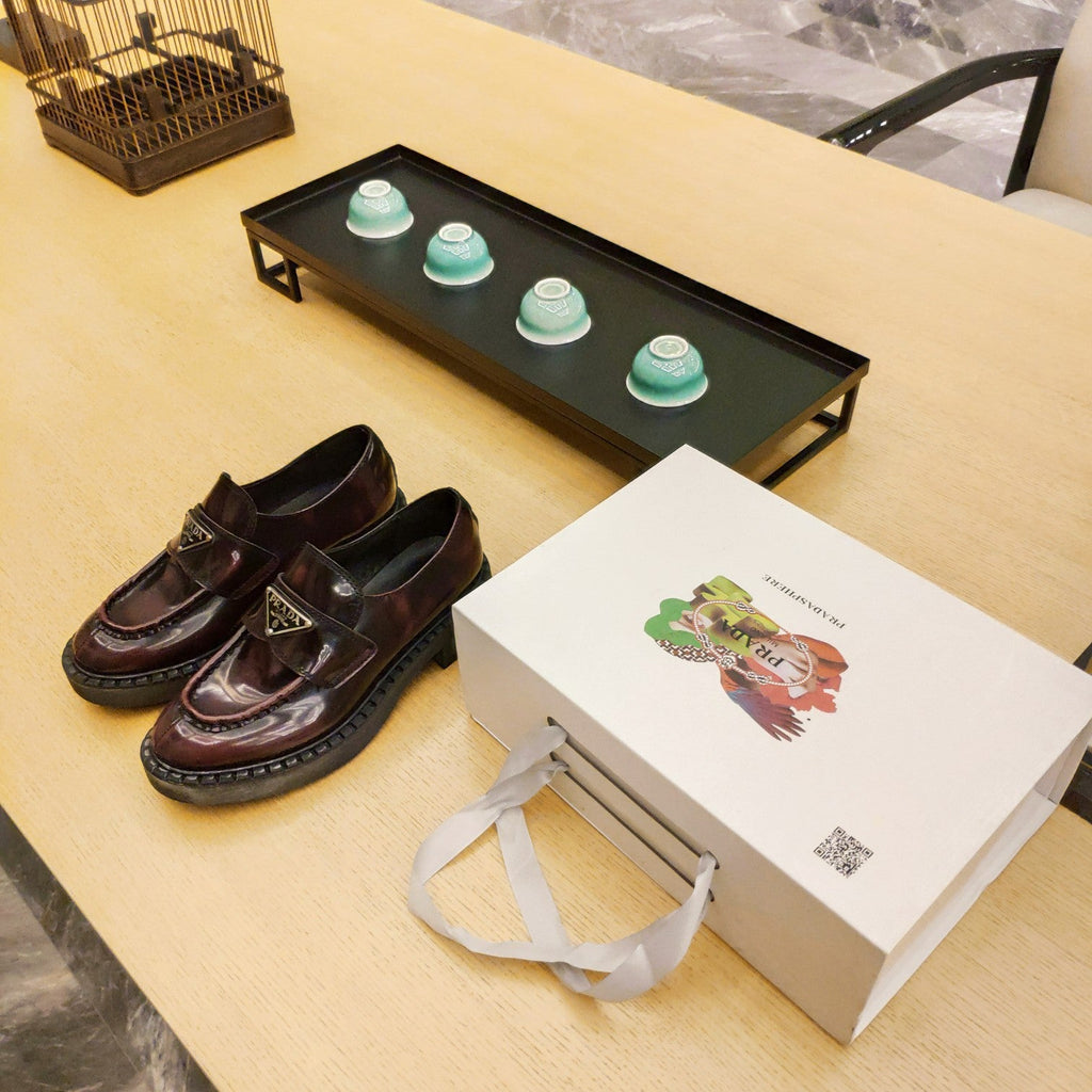 PRADA 26S PENNY LOAFERS 55MM IN BURGUNDY RED PATENT CALFSKIN