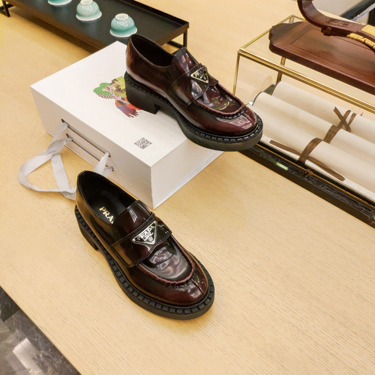 PRADA 26S PENNY LOAFERS 55MM IN BURGUNDY RED PATENT CALFSKIN