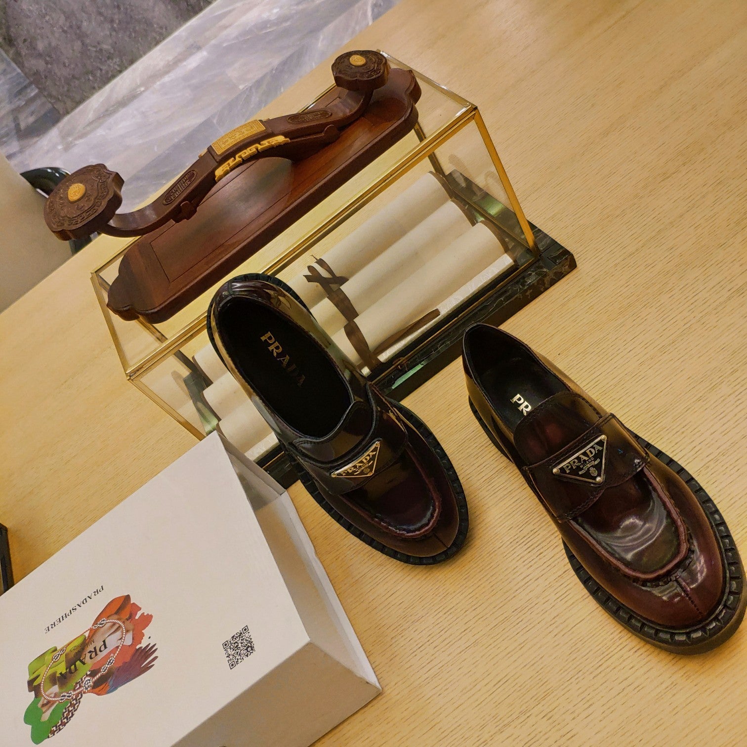 PRADA 26S PENNY LOAFERS 55MM IN BURGUNDY RED PATENT CALFSKIN