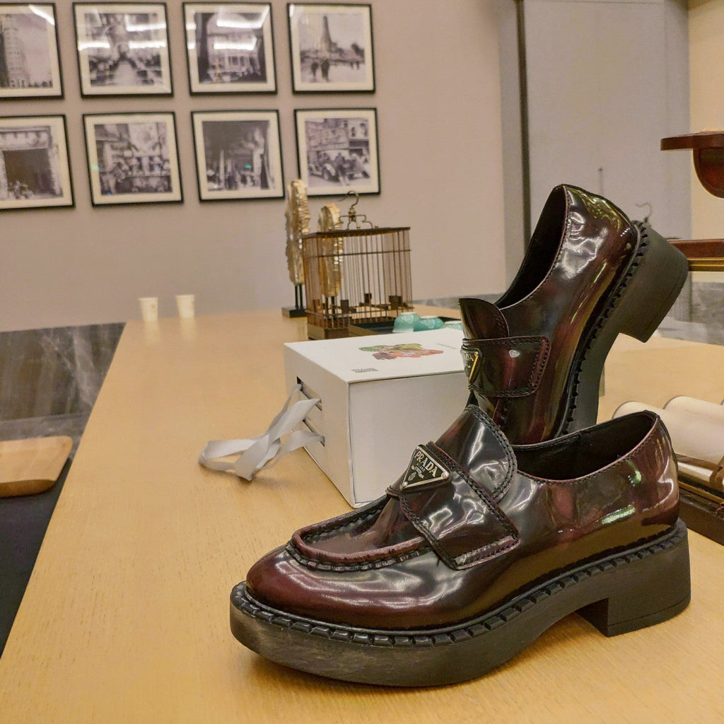 PRADA 26S PENNY LOAFERS 55MM IN BURGUNDY RED PATENT CALFSKIN