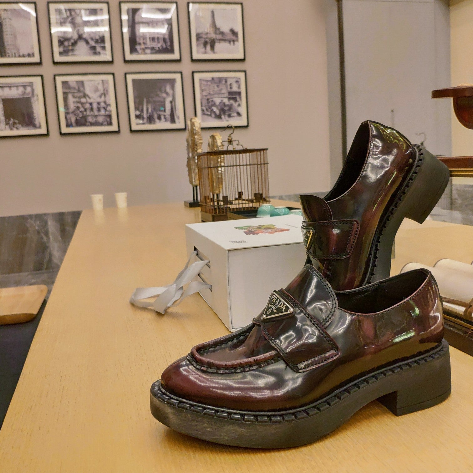 PRADA 26S PENNY LOAFERS 55MM IN BURGUNDY RED PATENT CALFSKIN