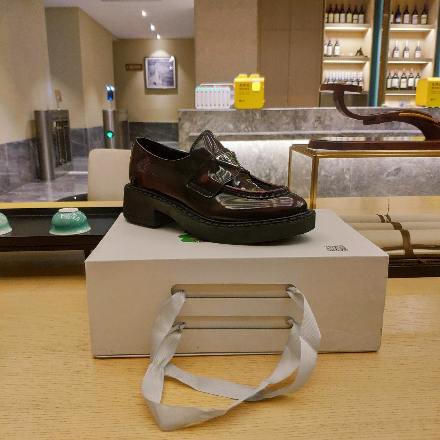 PRADA 26S PENNY LOAFERS 55MM IN BURGUNDY RED PATENT CALFSKIN