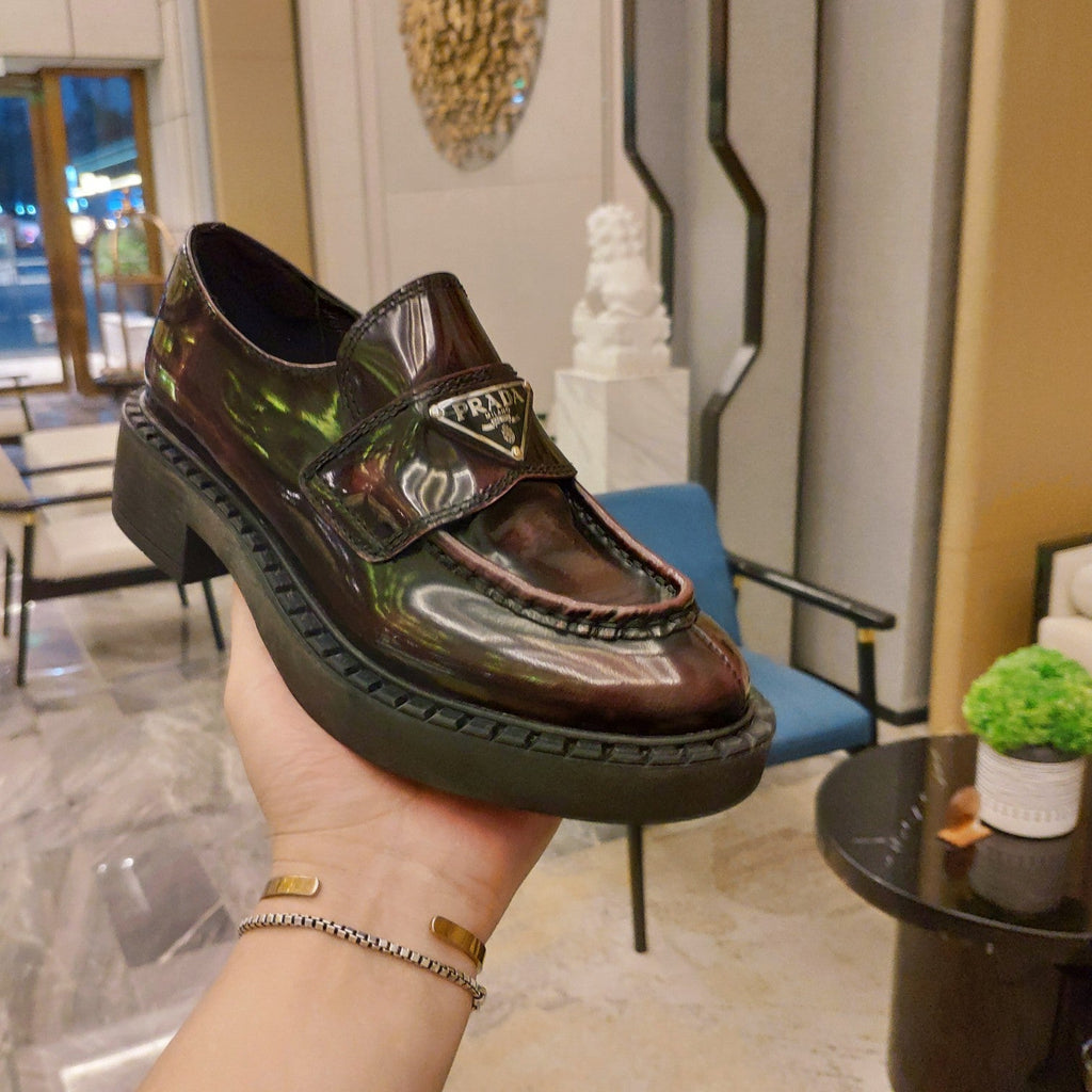 PRADA 26S PENNY LOAFERS 55MM IN BURGUNDY RED PATENT CALFSKIN