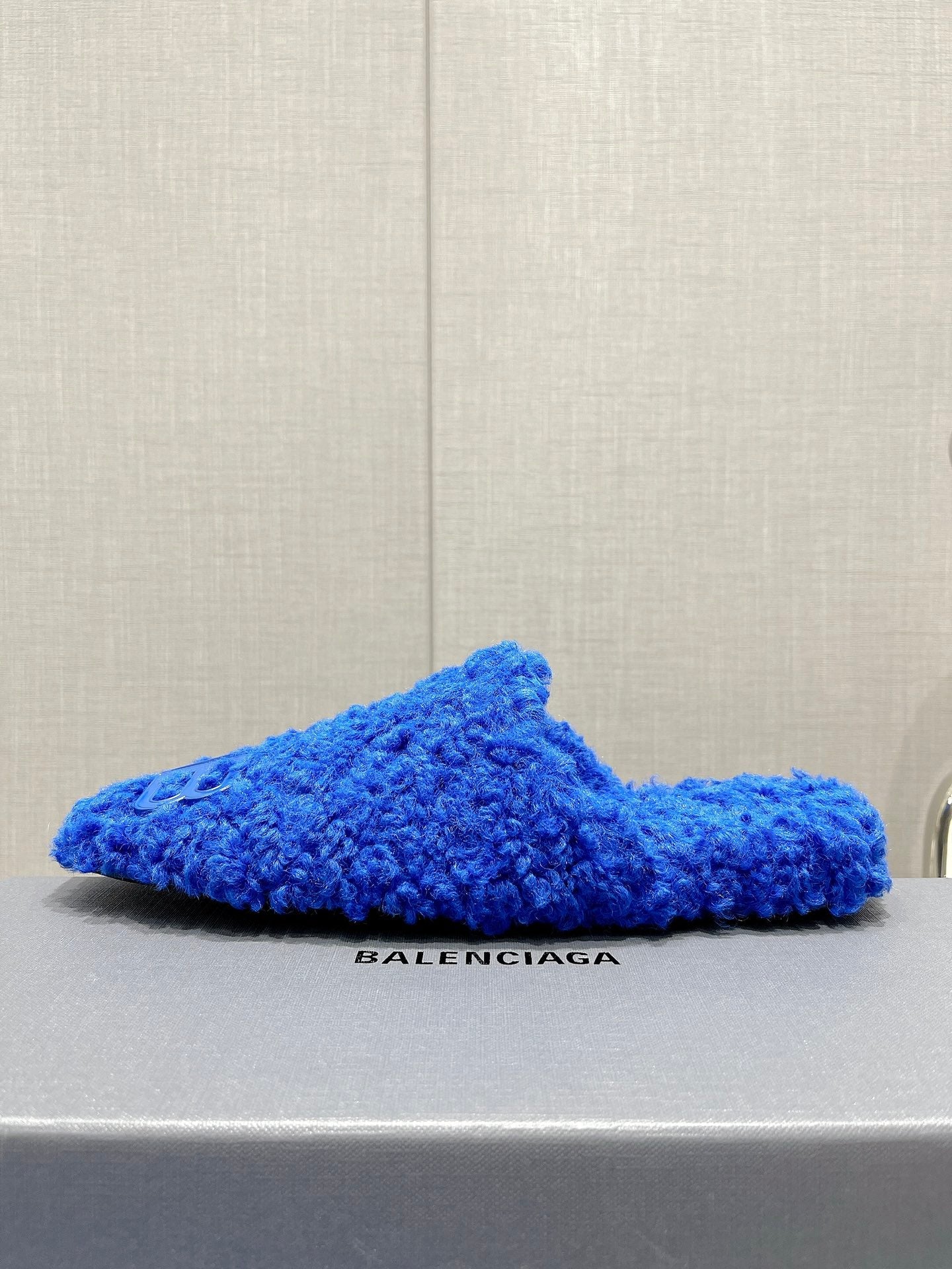 BALENCIAGA 25S MULES IN BLUE WOOL WITH LOGO