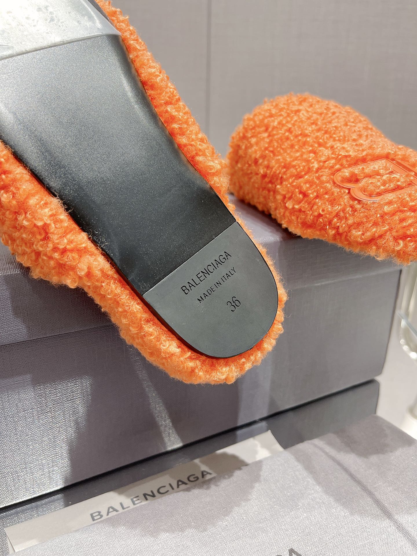 BALENCIAGA 25S MULES IN ORANGE WOOL WITH LOGO
