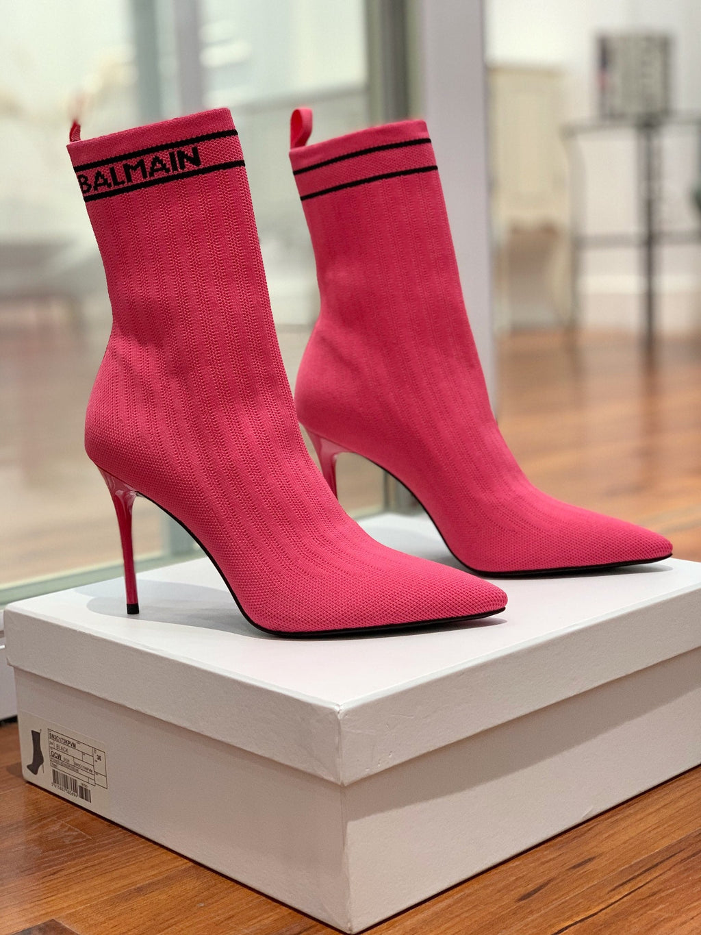 BALMAIN 26S BOOTS 105 MM IN DARK PINK FLYKNIT STYLE 16