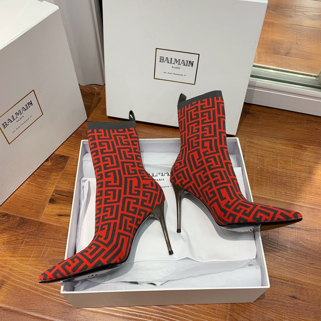 BALMAIN 26S BOOTS 105 MM IN BLACK AND RED FLYKNIT STYLE 11