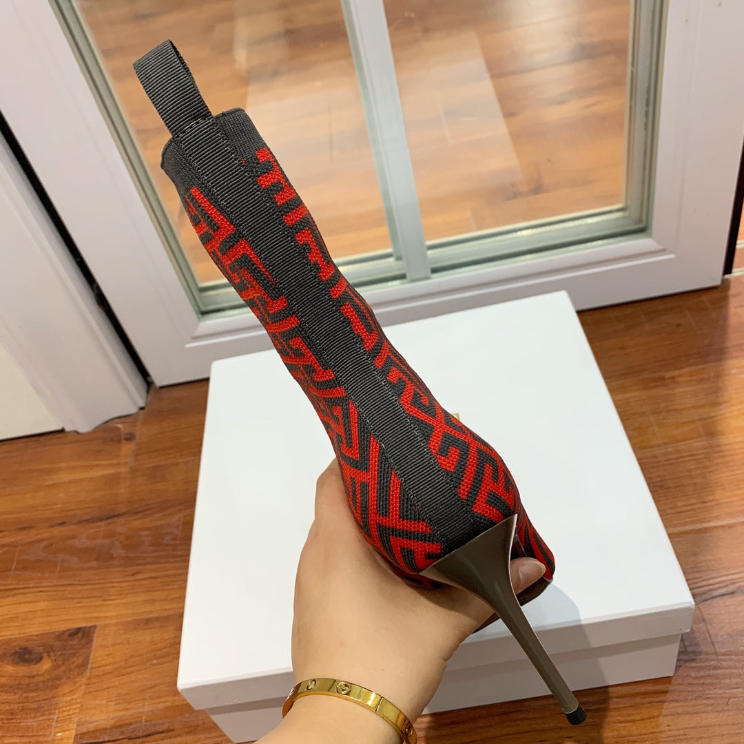 BALMAIN 26S BOOTS 105 MM IN BLACK AND RED FLYKNIT STYLE 11