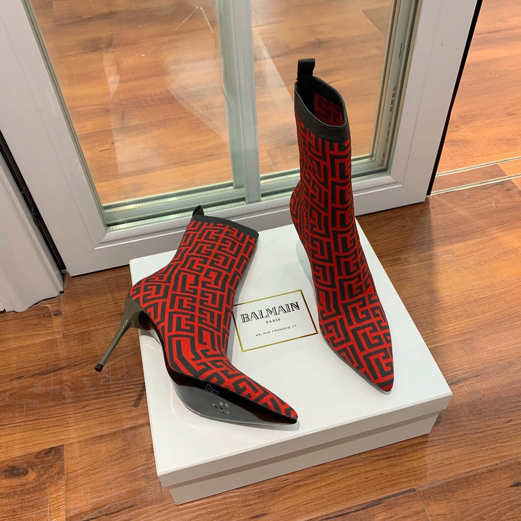 BALMAIN 26S BOOTS 105 MM IN BLACK AND RED FLYKNIT STYLE 11