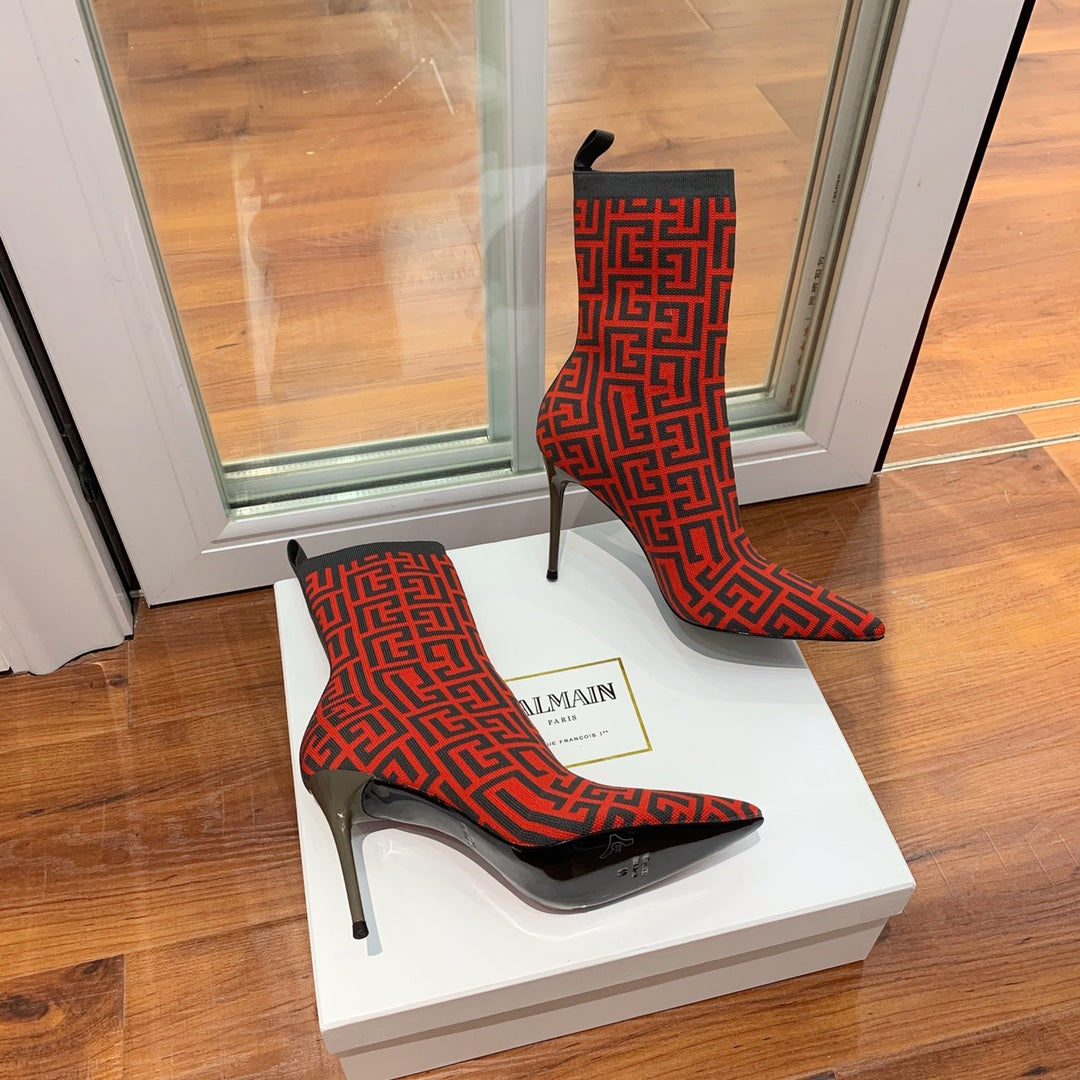 BALMAIN 26S BOOTS 105 MM IN BLACK AND RED FLYKNIT STYLE 11