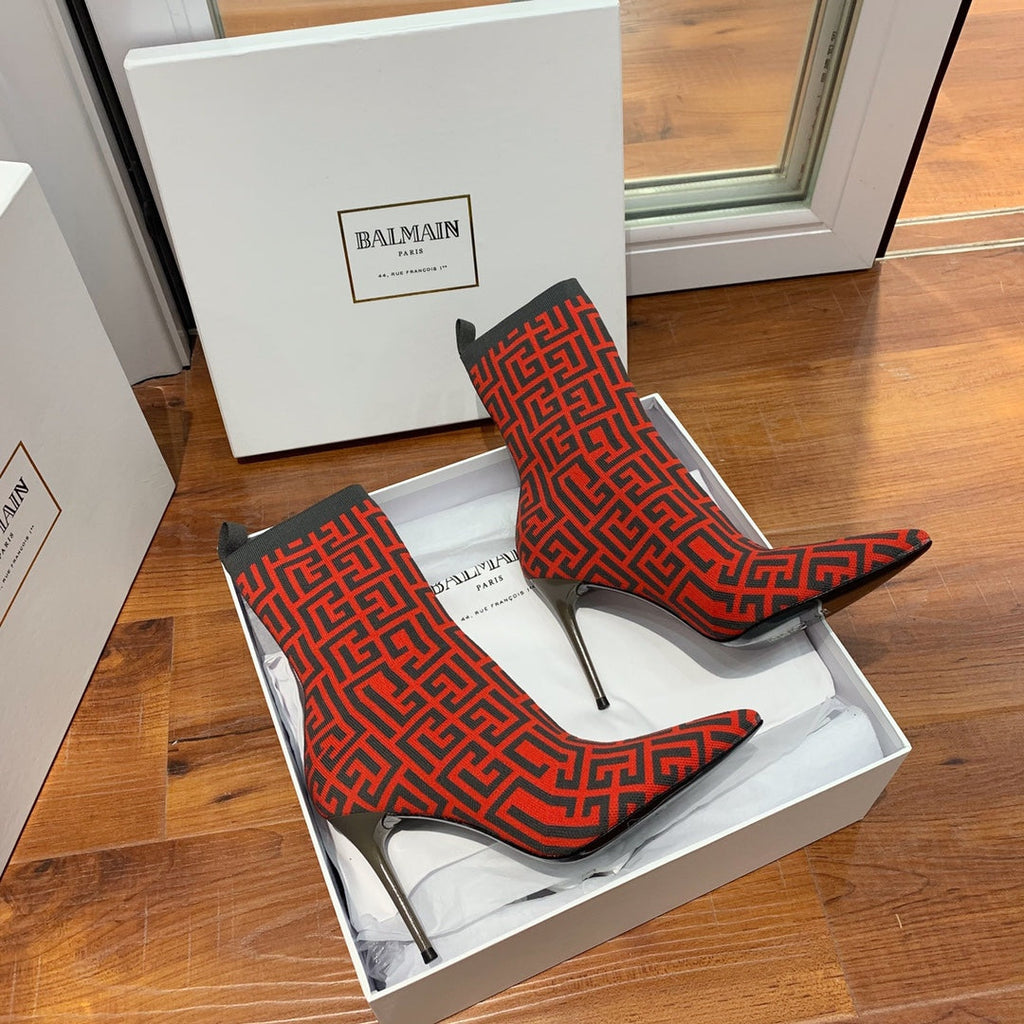 BALMAIN 26S BOOTS 105 MM IN BLACK AND RED FLYKNIT STYLE 11