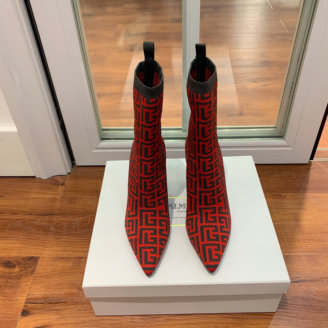 BALMAIN 26S BOOTS 105 MM IN BLACK AND RED FLYKNIT STYLE 11
