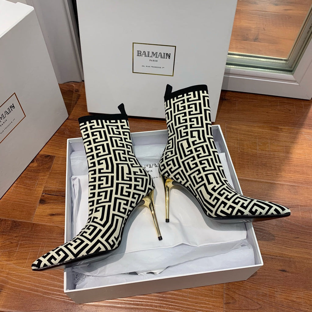 BALMAIN 26S BOOTS 105 MM IN BLACK AND LIGHT BEIGE FLYKNIT STYLE 9