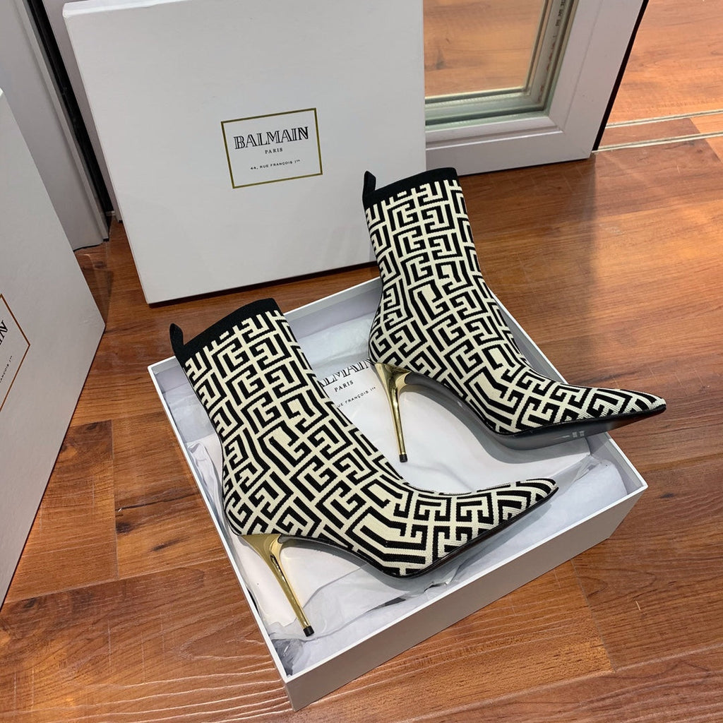 BALMAIN 26S BOOTS 105 MM IN BLACK AND LIGHT BEIGE FLYKNIT STYLE 9