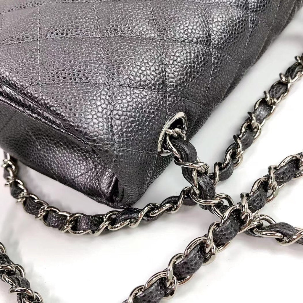 CHANEL 25S FLAP BAG 20 IN CHARCOAL BLACK CAVIAR CALFSKIN WITH SILVER HARDWARE