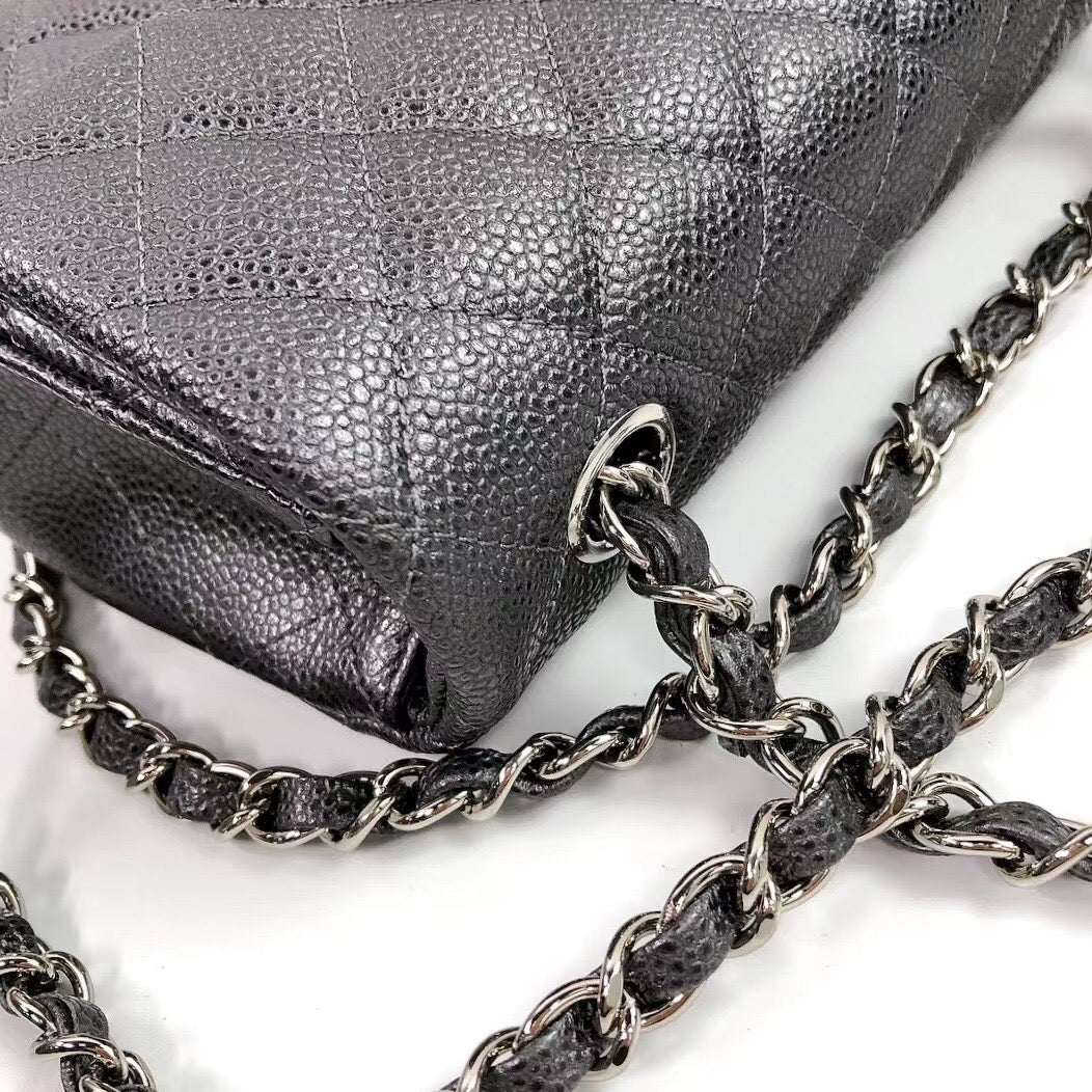 CHANEL 25S FLAP BAG 20 IN CHARCOAL BLACK CAVIAR CALFSKIN WITH SILVER HARDWARE