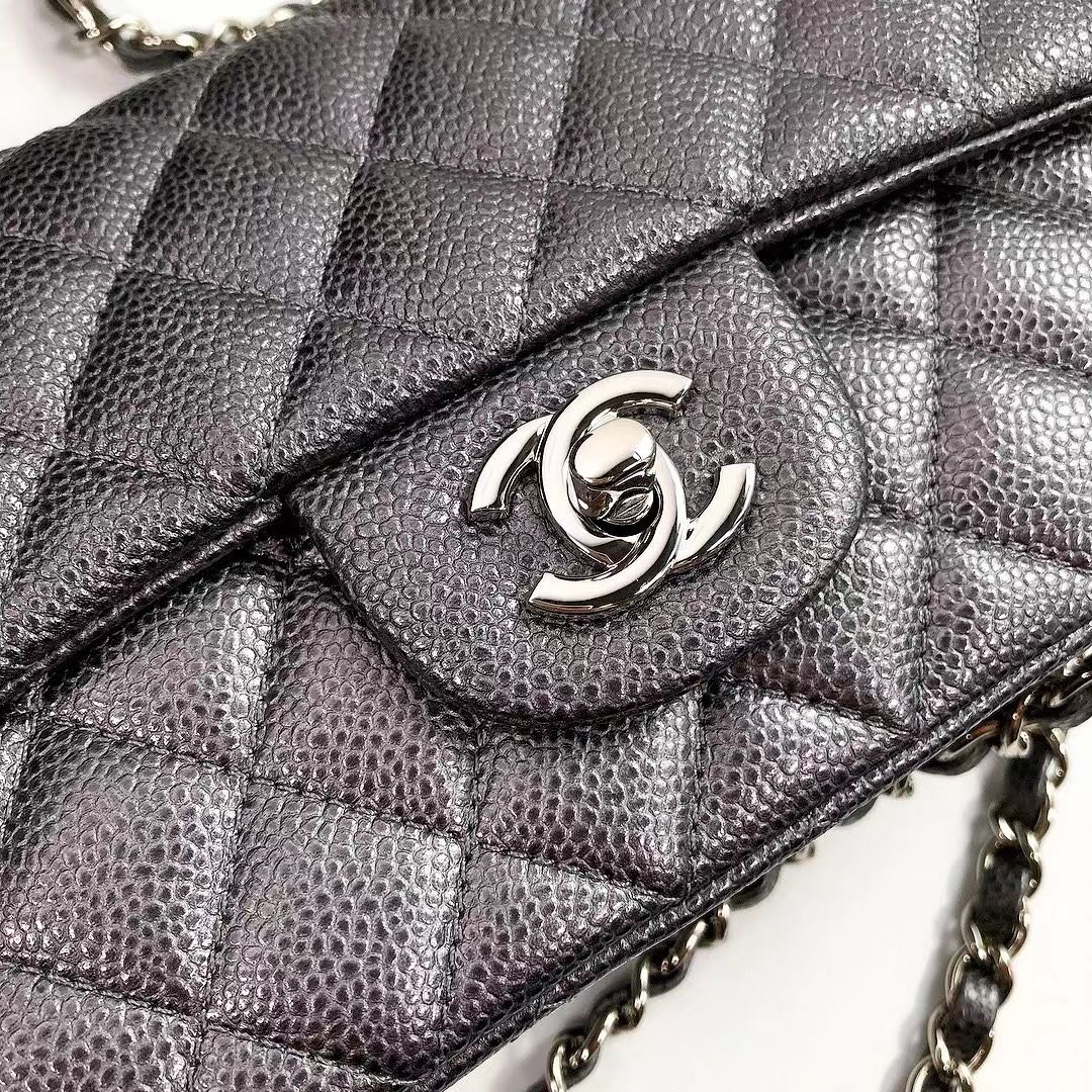 CHANEL 25S FLAP BAG 20 IN CHARCOAL BLACK CAVIAR CALFSKIN WITH SILVER HARDWARE