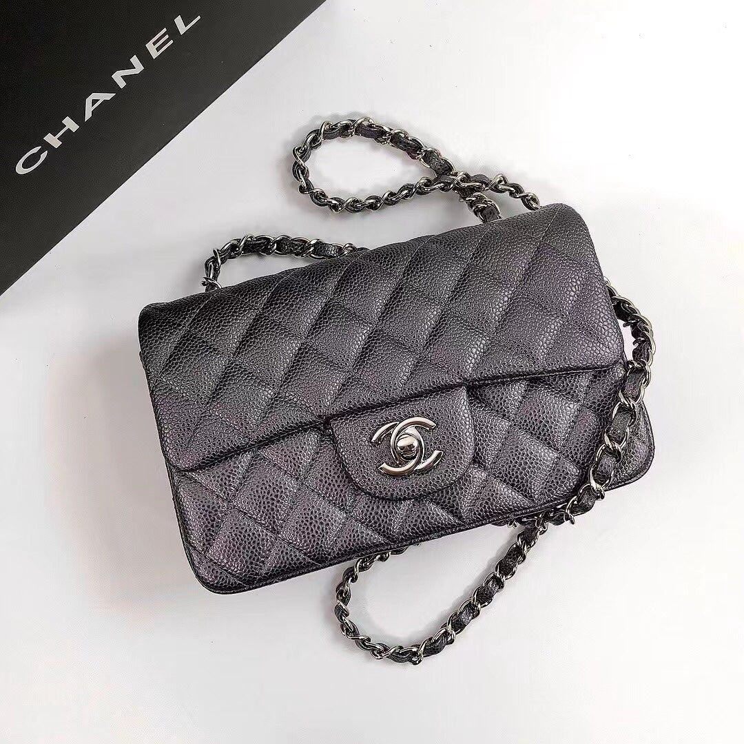 CHANEL 25S FLAP BAG 20 IN CHARCOAL BLACK CAVIAR CALFSKIN WITH SILVER HARDWARE