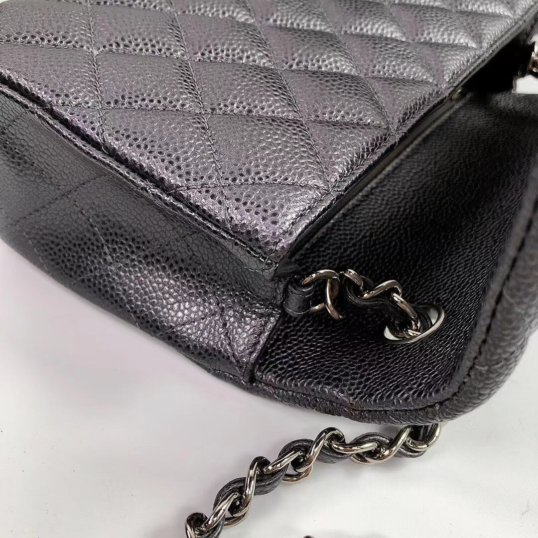 CHANEL 25S FLAP BAG 20 IN CHARCOAL BLACK CAVIAR CALFSKIN WITH SILVER HARDWARE