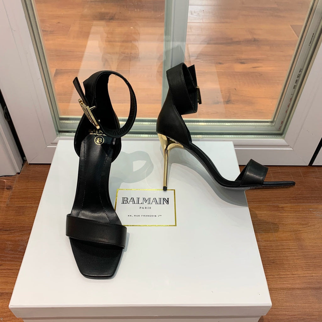 BALMAIN 25S THIN STRAP HIGH HEELS 105MM IN BLACK CALFSKIN GOLD HARDWARE