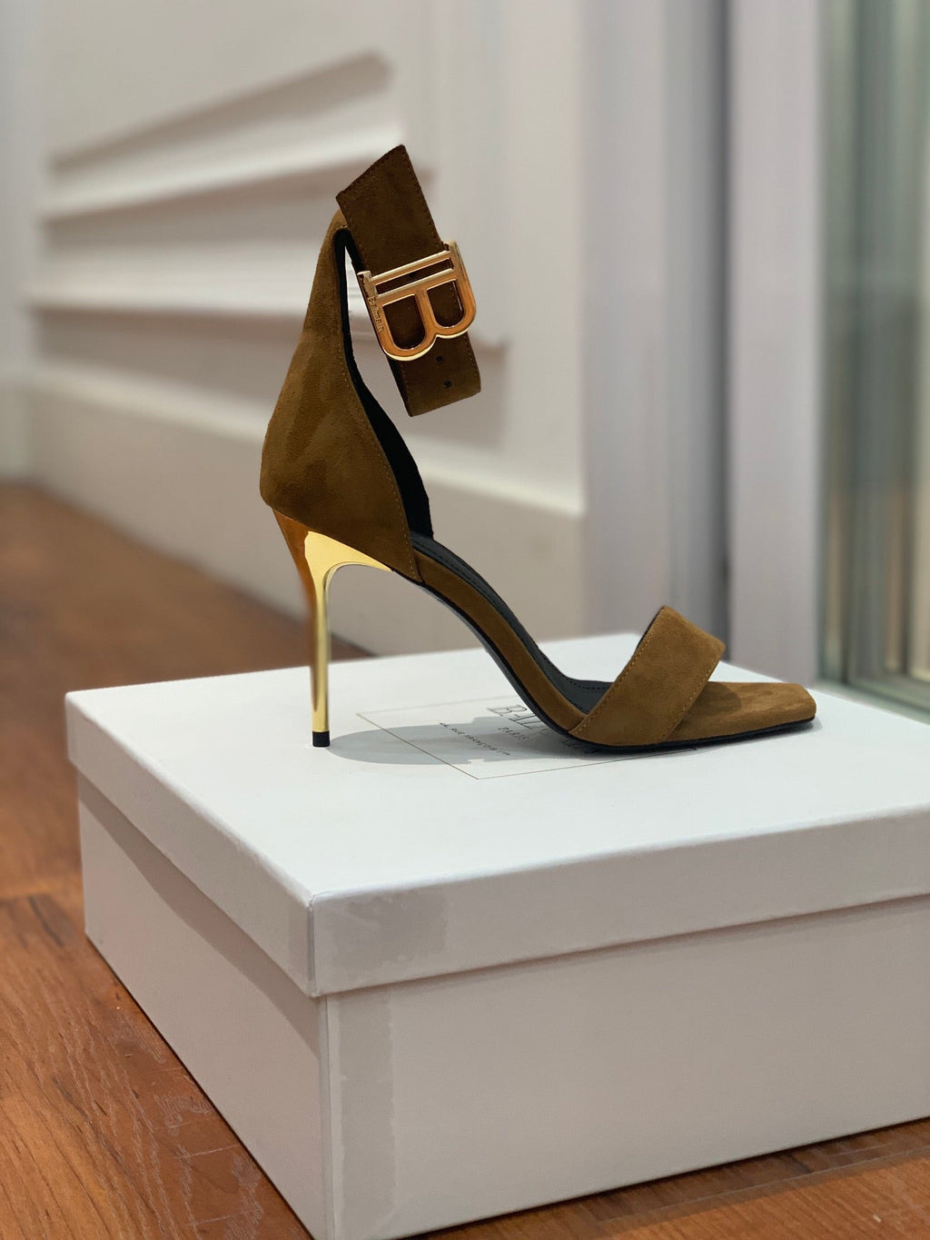 BALMAIN 25S THIN STRAP HIGH HEELS 105MM IN DARK BROWN SUEDE GOLD HARDWARE