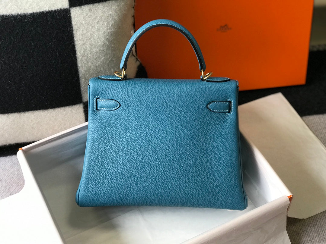 HERMES KELLY BAG 25CM IN BLUE TOGO LEATHER WITH GOLD HARDWARE