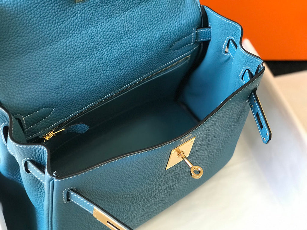 HERMES KELLY BAG 25CM IN BLUE TOGO LEATHER WITH GOLD HARDWARE