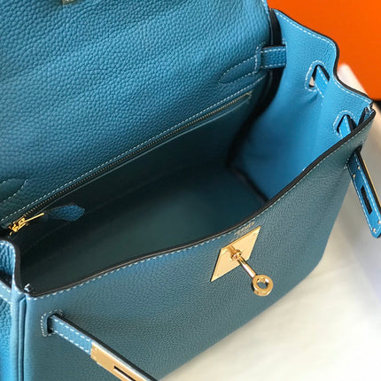 HERMES KELLY BAG 25CM IN BLUE TOGO LEATHER WITH GOLD HARDWARE