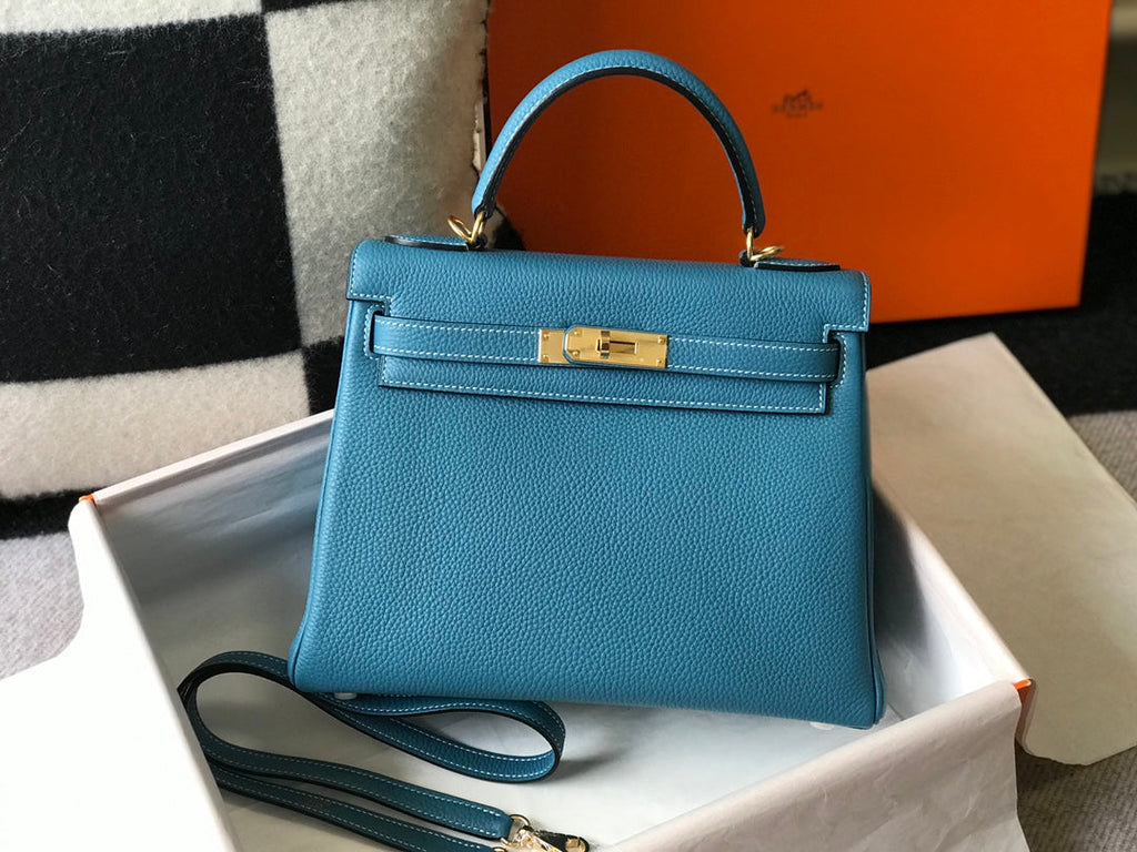 HERMES KELLY BAG 25CM IN BLUE TOGO LEATHER WITH GOLD HARDWARE