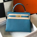 HERMES KELLY BAG 25CM IN BLUE TOGO LEATHER WITH GOLD HARDWARE